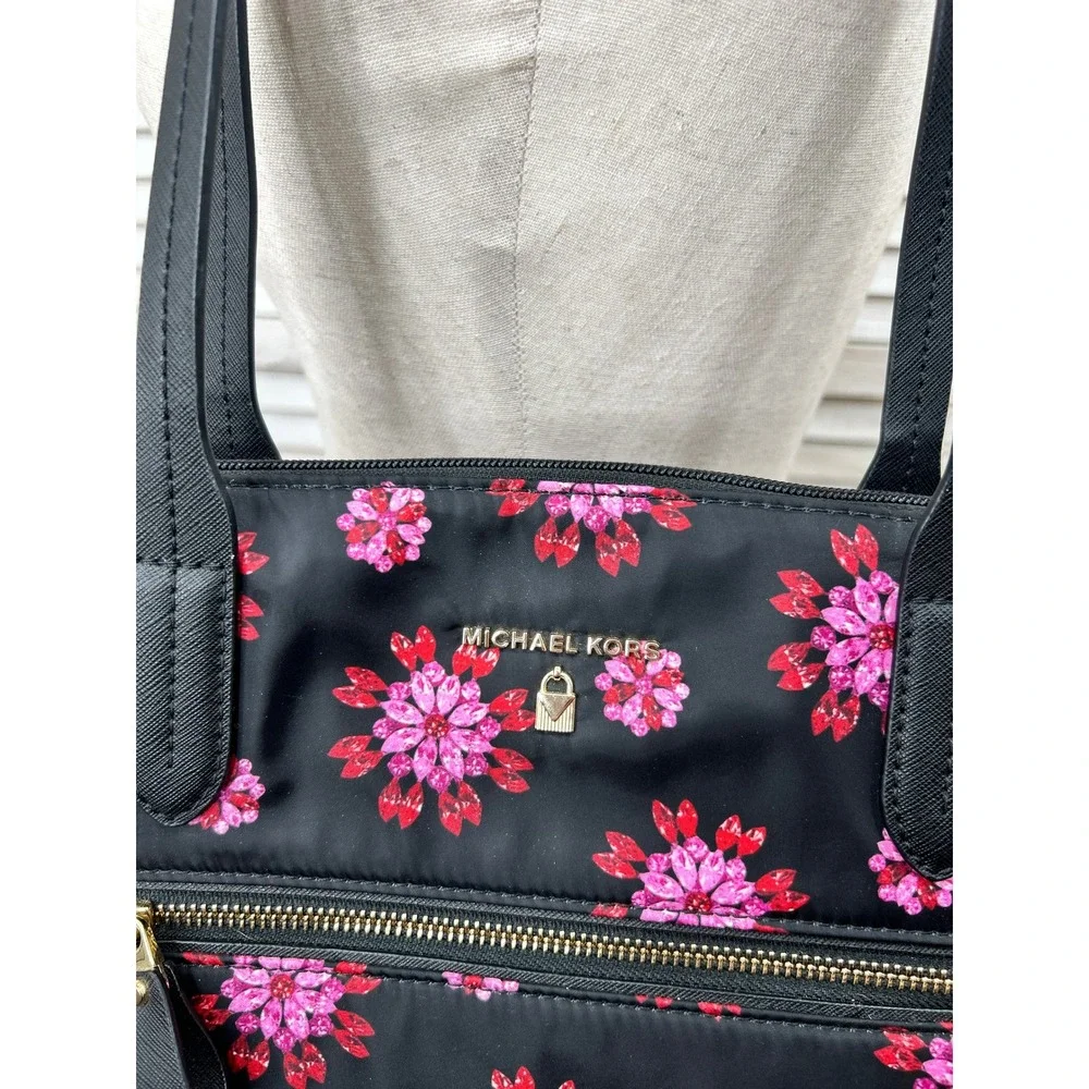 Michael Kors Nylon Kelsey Tote Bag Black & Pink Gem Floral Laptop Bag Work Purse